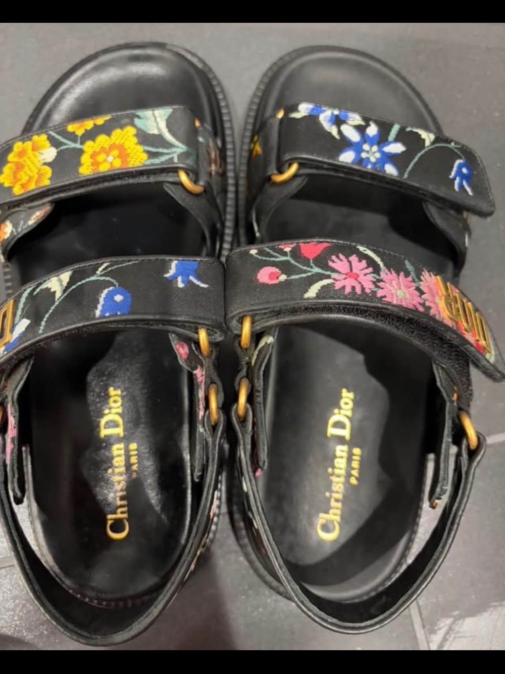 Dior Black Leather Floral Strap Sandals 37.5